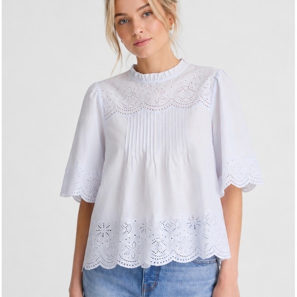 Madewell Top Womens Medium Pintuck Embroidered Eyelet Blouse Soft Blue Voile NWT